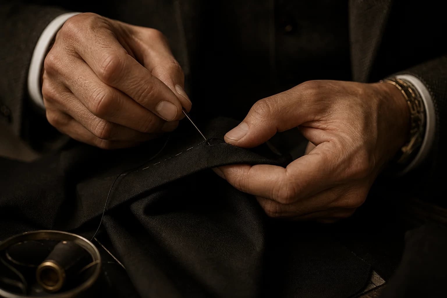Hands hand-stitching fine black fabric in the atelier